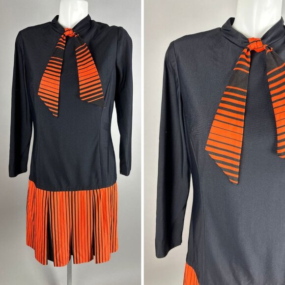 Vtg 60s Hazel Greer Black Orange Drop Waist Neck Tie Halloween Dress Size M/L - Picture 1 of 6